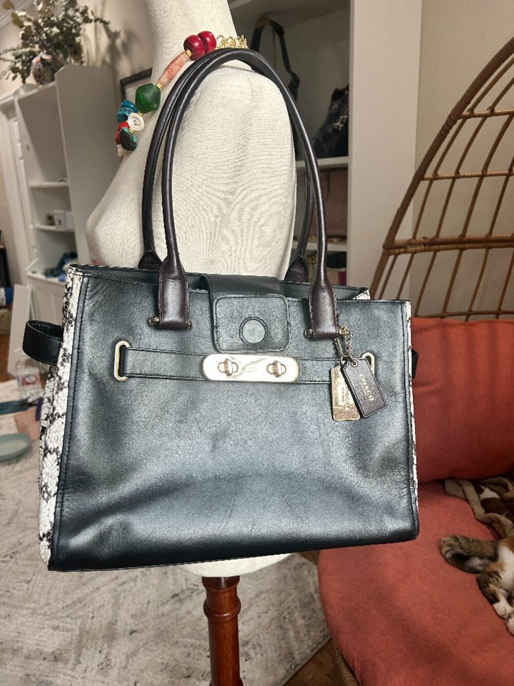 Coach Swagger Carryall in black leather with snakeskin-embossed side panel